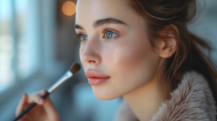 Young woman applying makeup with a makeup brush