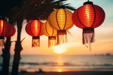 lanterns over the water during sunset. generative ai