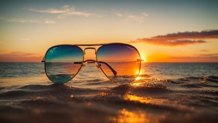 Fototapeta na wymiar Aviator sunglasses reflecting a vibrant sunset over the ocean horizon Generative AI
