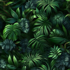 3D Green Tropical Plants Seamless Pattern