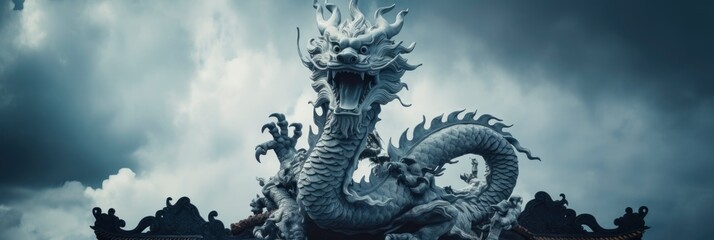 Fototapeta na wymiar a statue of a dragon with clouds in the background. generative ai