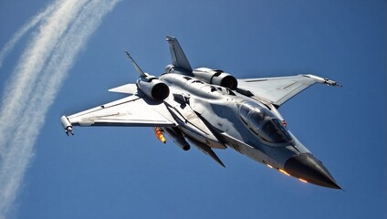 A military fighter jet executing a high-speed maneuver, with afterburners glowing, against a clear blue sky Generative AI