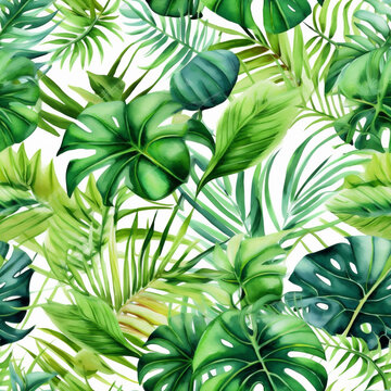 Green Leaves Tropical Plants Seamless Pattern