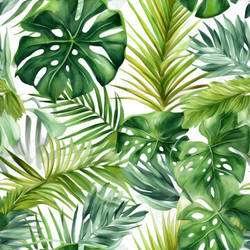 2D Green Tropical Plants Seamless Pattern