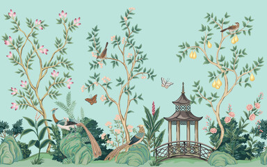 Vintage botanical garden tree, pagoda, Chinese birds, stone, plant floral seamless border. Exotic chinoiserie mural.	
