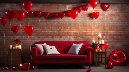 red balls in the form of heart near the sofa in the room