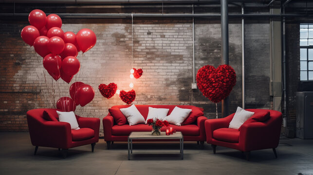 red balls in the form of heart near the sofa in the room