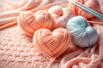 Fototapeta na wymiar Heart-shaped knitting yarn in soft peach color, Valentine's day card,Romantic sign. Copy space