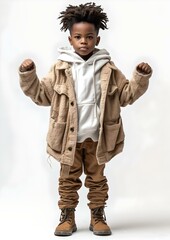 Young stylish child posing in trendy autumn outfit, fashionable kid on white background. AI