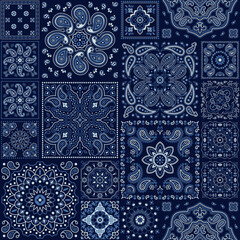 Paisley cashmere bandana fabric patchwork wallpaper vintage vector seamless pattern for scarf kerchief shirt fabric carpet rug tablecloth pillow