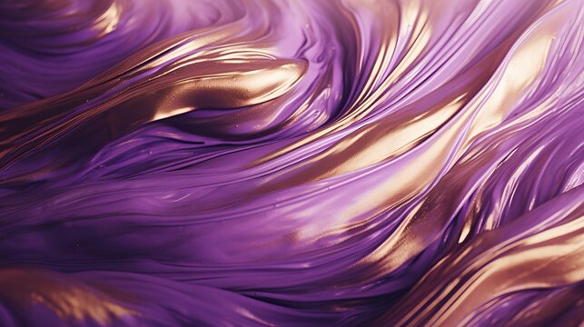 Captivating macro fusion: swirling gold metallic paint and deep lavender liquid create mesmerizing abstract background