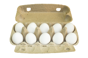 White fresh eggs in a craft container isolated on a transparent background.