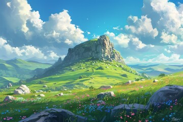 an epic fantasy anime landscape anime illustration with a big hill in background. Generative AI - obrazy, fototapety, plakaty