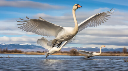 swan on blue lake water in sunny day, swans on pond, nature series