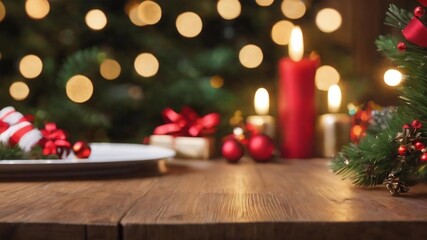 3d wooden table with christmas bokeh lights
