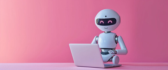 Robot with laptop banner background