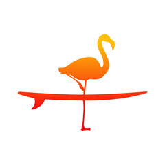 Logo club de surf. Silueta de flamingo de pie sobre tabla de surf	 - obrazy, fototapety, plakaty