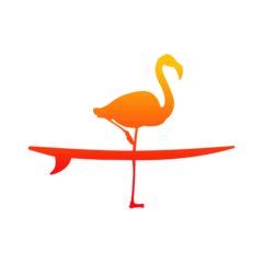 Fototapeten Logo club de surf. Silueta de flamingo de pie sobre tabla de surf  © teracreonte