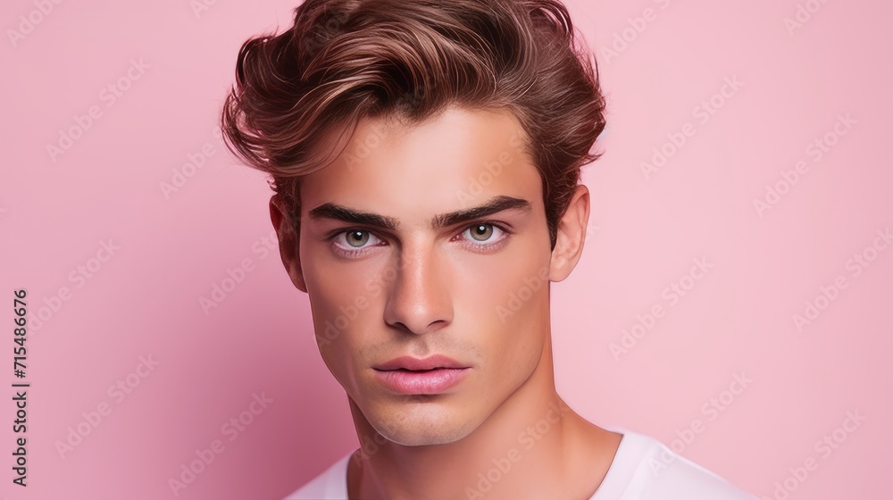 Wall mural Portrait of a handsome elegant sexy Caucasian man with perfect skin, on a pink background, close-up.