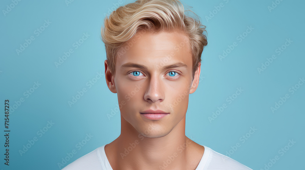 Canvas Prints Portrait of a handsome elegant sexy Caucasian blond man with blond hair with turquoise eyes with perfect skin, on a light blue background, close-up.