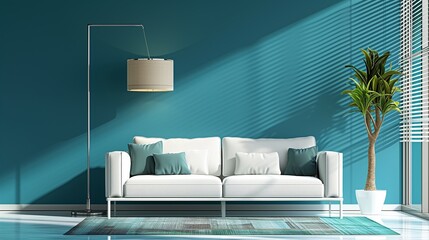 Background living room, aqua blue colors, modern interior, white sofa. Generative AI