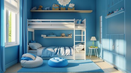 A light blue interior bedroom with a bunk bed. A children’s room. Generative AI