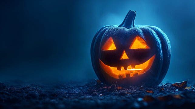 A halloween lit Jack O Lantern in a spotlight glow on a wide dark blue background. generative ai