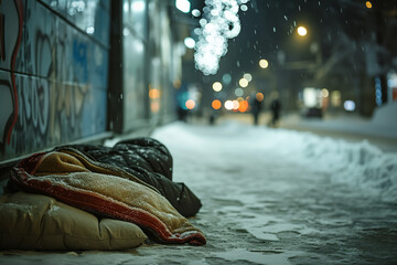 A night shelter offering warmth and safety to the homeless during harsh winter months - serving as a compassionate temporary haven in response to extreme cold. - obrazy, fototapety, plakaty