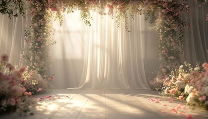 Empty Wedding background, empty hall, marriage, save our date, backdrop, wedding, florals, lights, copy space, generative ai