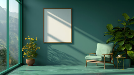  A frame mockup on a green wall with green chair AI Generative 