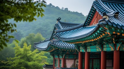 Traditional Korean style ancient architecture building. A traditional Korean tile building with a view of mountains and trees. Generative AI