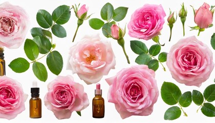 set collection of beautiful pink roses flowers buds and leaf isolated over a transparent background cut out floral perfume essential oil or garden design elements top view flat lay png - obrazy, fototapety, plakaty