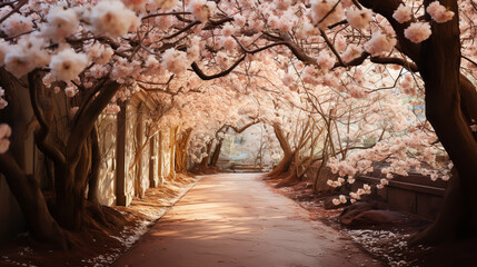 Tunnel of flower blossoms and petals blowing in the wind