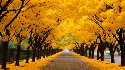 The romantic tunnel of yellow flower trees