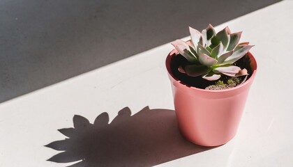 succulent plant in pink pot with shadow sunny day
