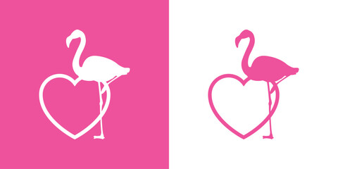 Silueta de flamingo de pie con corazón lineal. Icono romántico. Logo para su uso en felicitaciones y tarjetas de San Valentín - obrazy, fototapety, plakaty