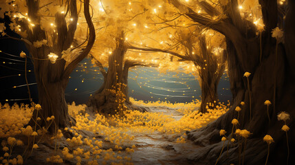 The romantic tunnel of yellow flower trees