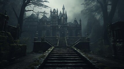 A haunted, centuries-old estate engulfed in perpetual mist, its Gothic architecture and moss-covered walls creating an ominous sight - Generative AI - obrazy, fototapety, plakaty