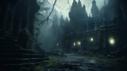 A haunted, centuries-old estate engulfed in perpetual mist, its Gothic architecture and moss-covered walls creating an ominous sight - Generative AI - obrazy, fototapety, plakaty