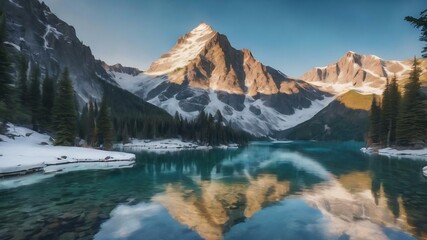 Beautiful shot of a crystal clear lake next to a snowy mountain base during a sunny day
