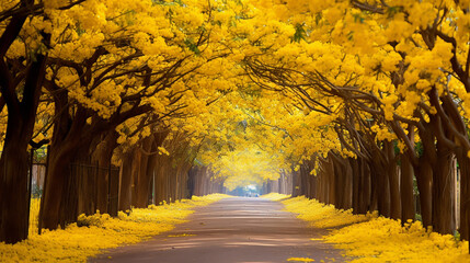 The romantic tunnel of yellow flower trees