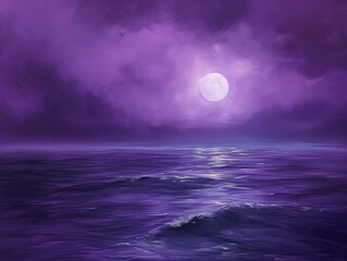 A view of the sea with a full moon. A picture of a purple sea scene. Generative AI