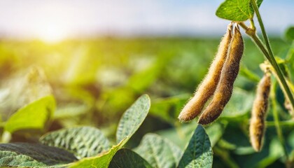 soybean pods on soybean plantation in sunlight background