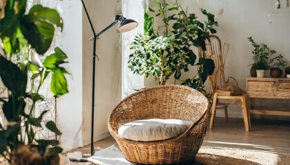 rattan armchair and floor lamp in living room interior with plants cozy interior in boho style real photo