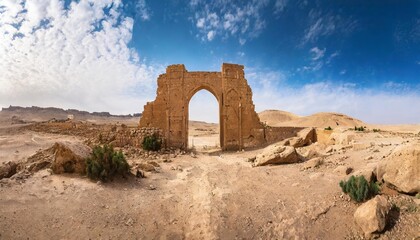 desert landscape with ancient lost city ruins with huge gate background