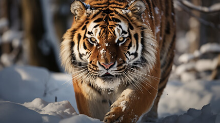 jumping tiger on the snow
