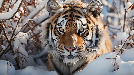 Fototapeta na wymiar jumping tiger on the snow