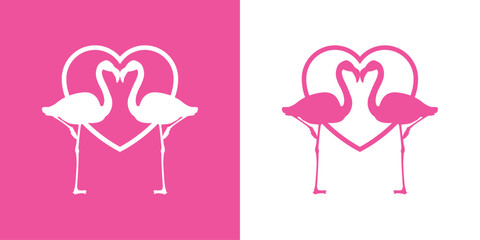 Silueta de dos flamingos de pie sobre corazón lineal. Icono romántico. Logo para su uso en felicitaciones y tarjetas de San Valentín