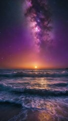 Fototapeta na wymiar Breathtaking shot of the sea under a dark and purple sky filled with stars