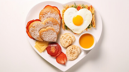Valentine's day breakfast concept. Sandwich with croissant, bagel, cream cheese and fried eggs hearts on a white plate.